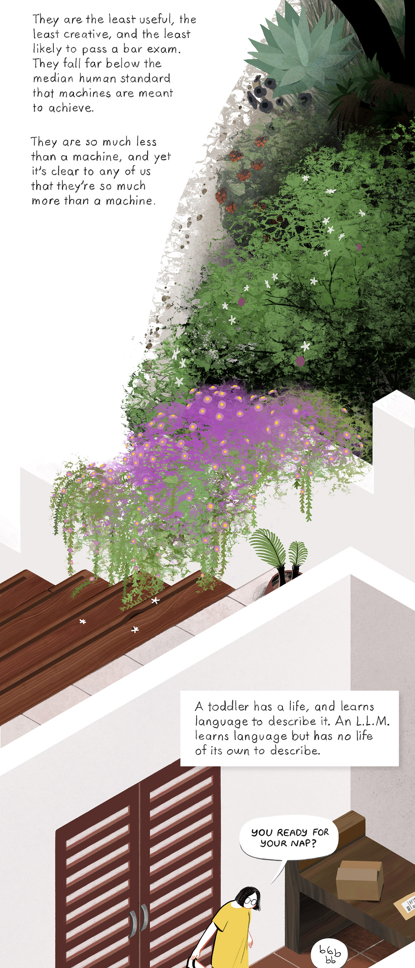 Outdoor stairs, plants, and the interior of a room.